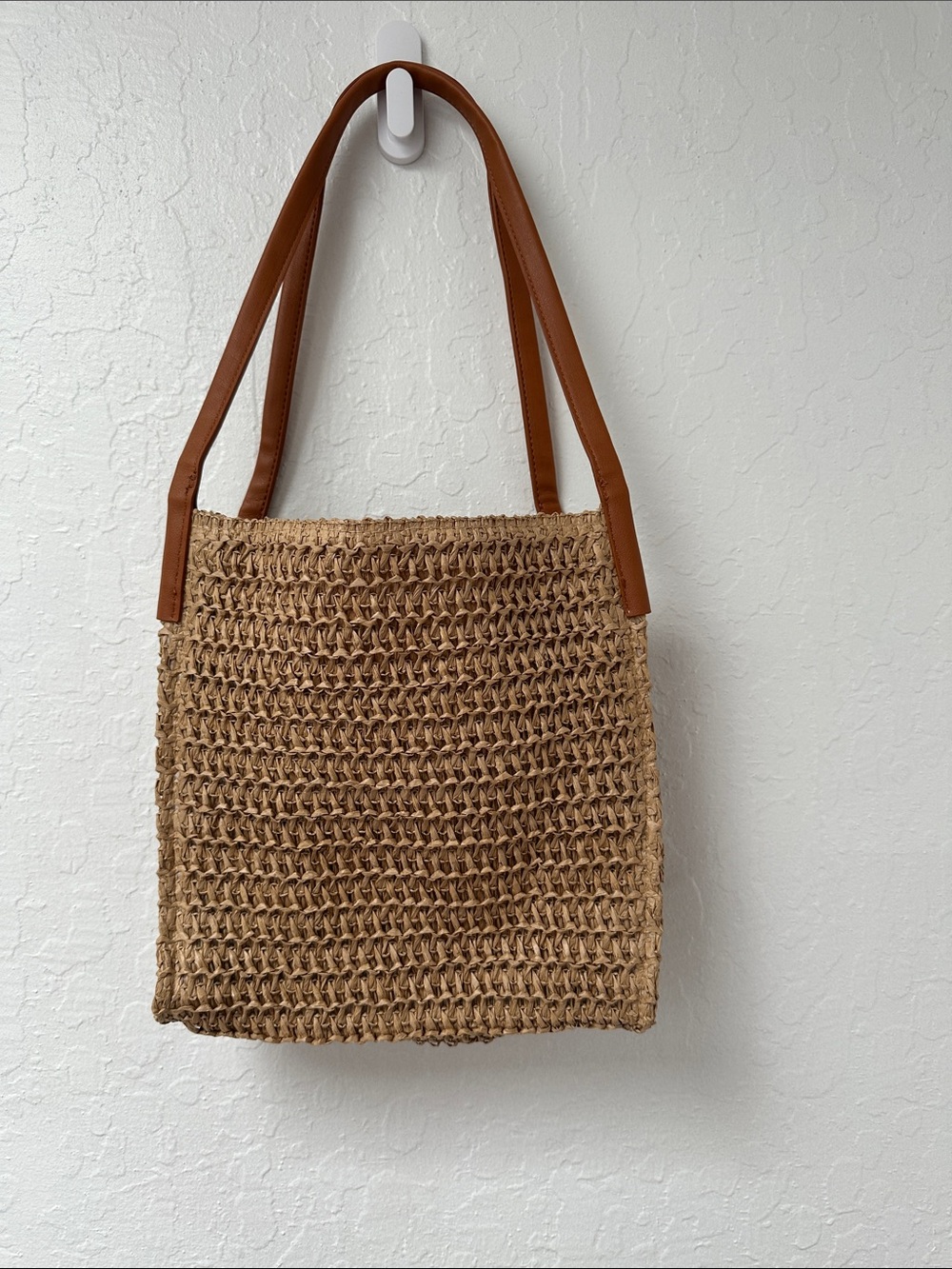 Handwoven Natural Straw Tote with Brown Faux Leather Handles